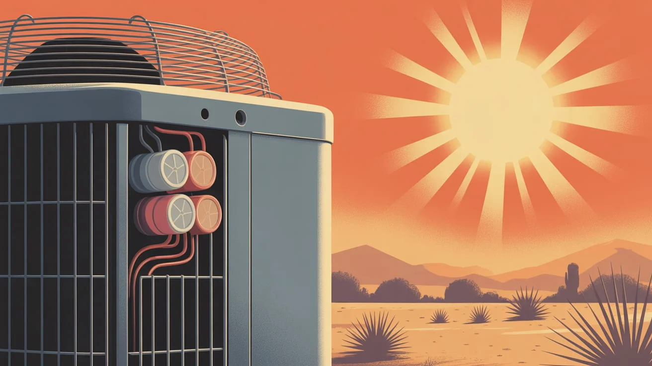 A close-up shot of an outdoor HVAC unit, with a slightly bulging or discolored capacitor visible, hinting at failure. In the background, a shimmering heat haze over a dry Arizona landscape under a bri
