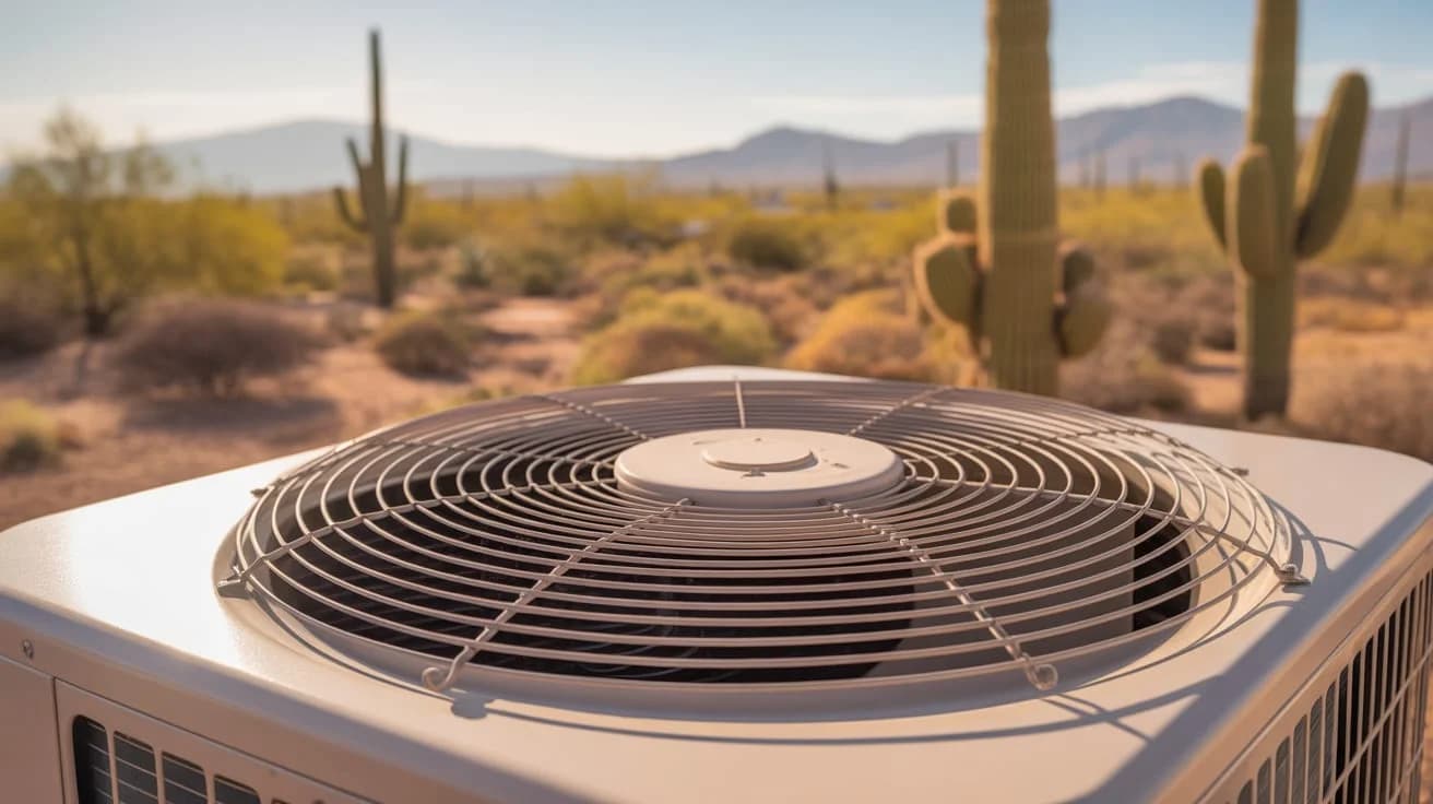 A close-up shot of an AC outdoor unit condenser fan spinning, with heat haze visible above it, set against a vibrant, sunny Gilbert, AZ desert landscape with distant saguaros. The mood is one of urgen