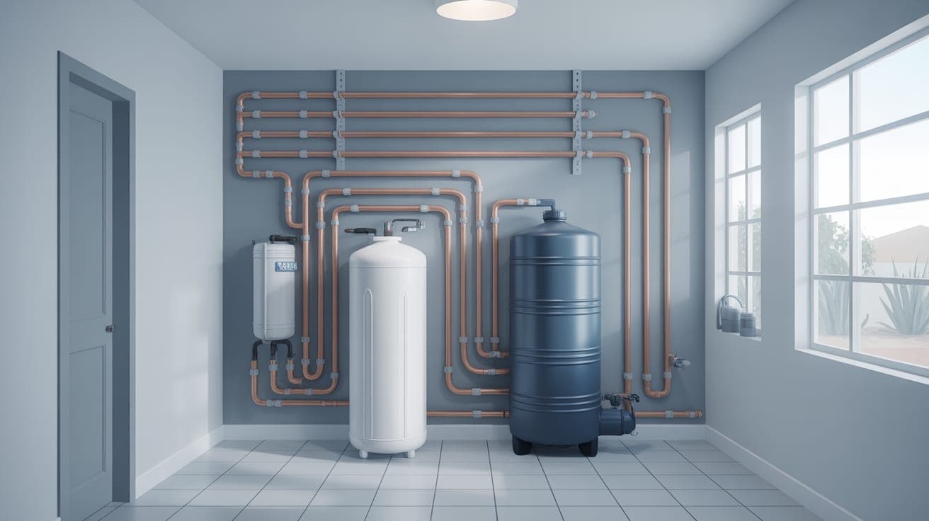 A clean, well-lit garage or utility room showing a professionally installed multi-stage whole-home water treatment system. The system should feature at least two tanks (a brine tank for a softener and