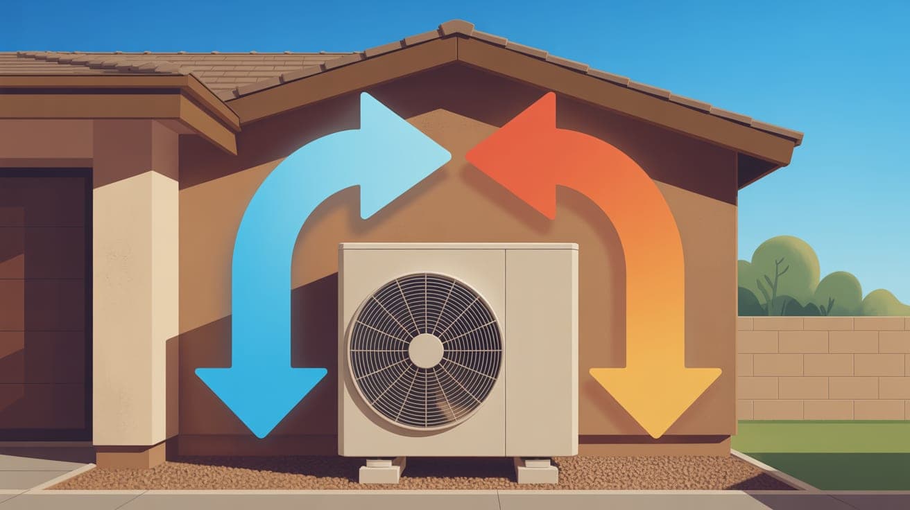 A clean, modern heat pump unit sits beside a contemporary Arizona stucco home under a bright blue sky. Stylized, softly glowing arrows illustrate its function: a cool blue arrow moves from the house t