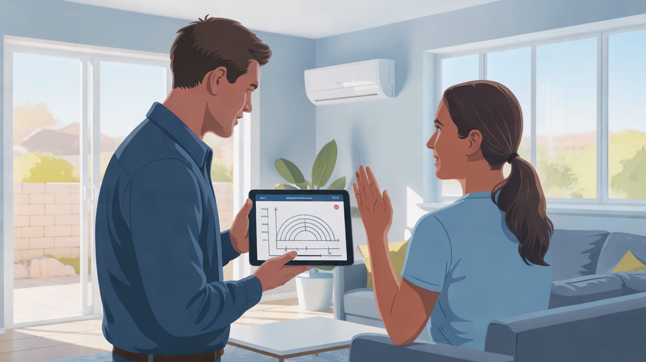 A professional, friendly technician consults with a homeowner inside a bright, modern Gilbert living room. The technician holds a tablet displaying a technical diagram (representing a Manual J calcula
