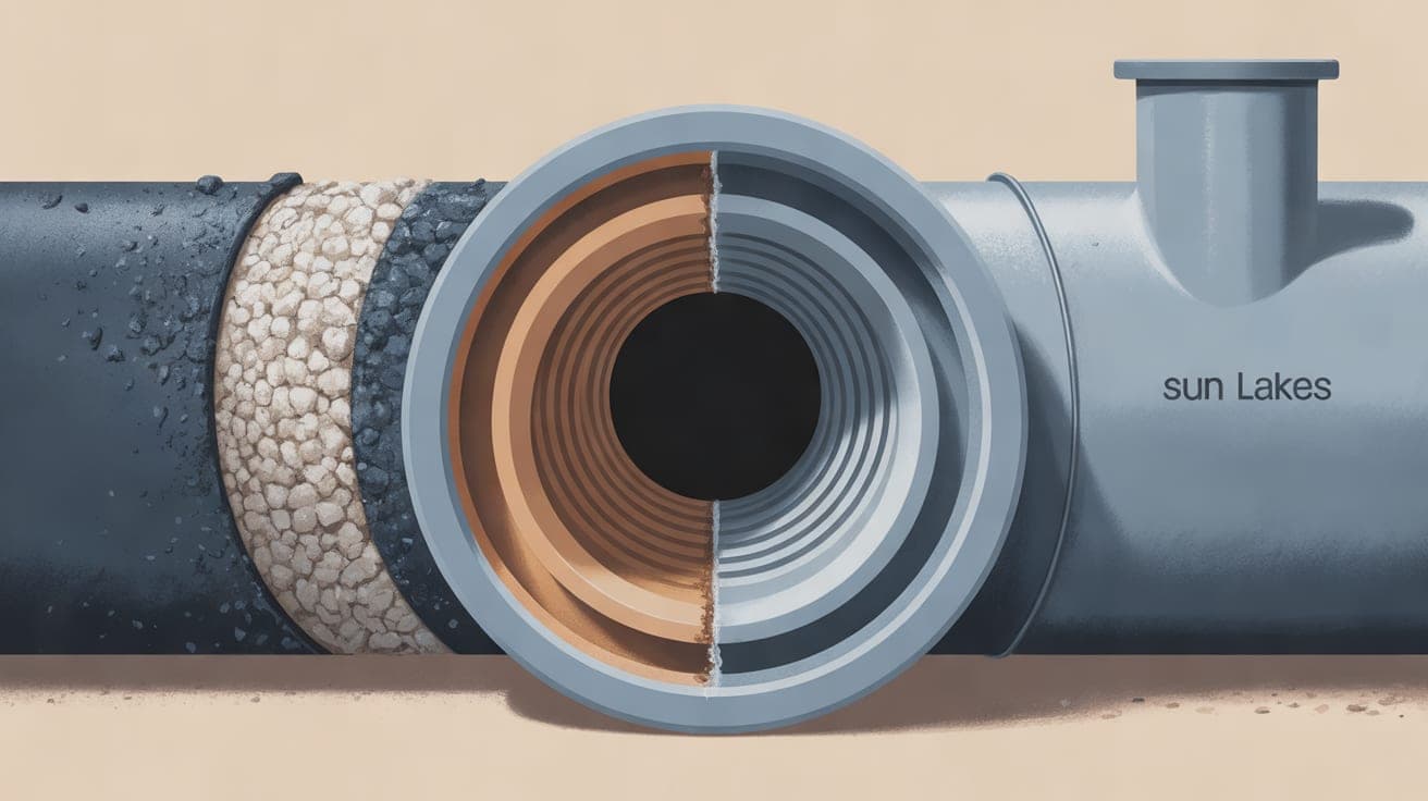 A detailed, realistic illustration showing a cross-section of a residential drain pipe. Half of the pipe is dark and constricted with a rough, white, crusty mineral scale buildup, while the other half